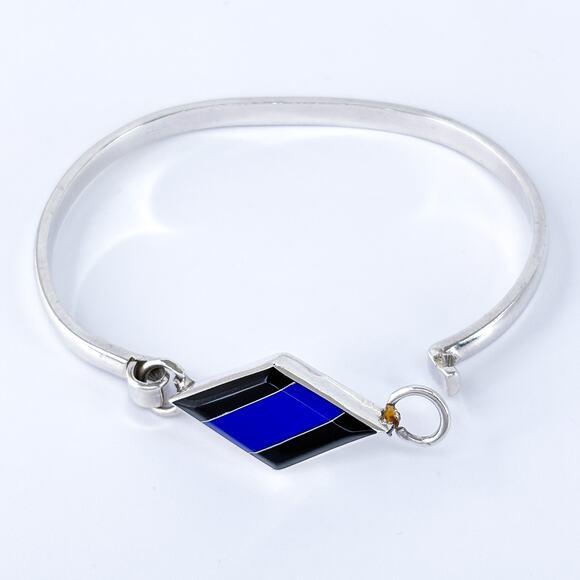 Vintage Taxco Sterling Silver 925 Inlay Bracelet w/ Lapis & Onyx 7” - Picture 5 of 9